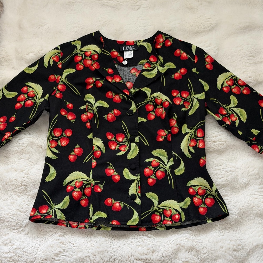 Juicy Dollz & Dames Strawberry Print Fitted Blouse - Cotton Pin - Up Style 🍓 - Picture 9 of 15